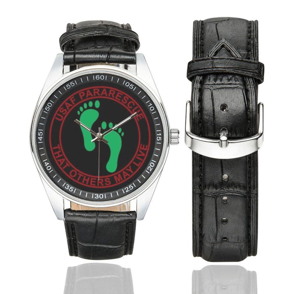 Men's casual watch with a round dial featuring the PJ Air Force Combat Rescue emblem, silver-tone case and black leather strap, shown with the strap to the side.