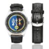 Men's casual watch with a round dial featuring the CNF CSTAGN emblem, silver-tone case and black leather strap, shown with the strap to the side.