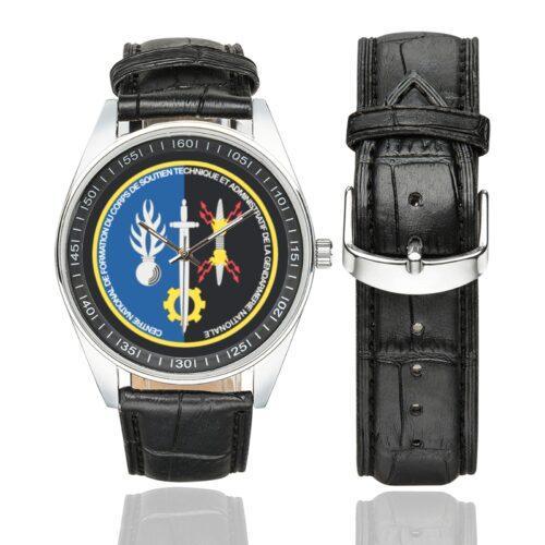 Men's casual watch with a round dial featuring the CNF CSTAGN emblem, silver-tone case and black leather strap, shown with the strap to the side.