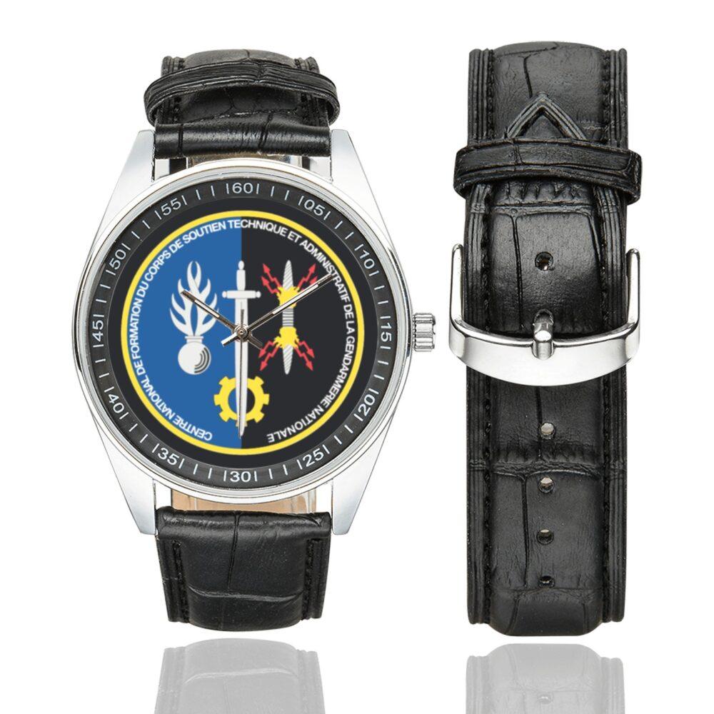 Men's casual watch with a round dial featuring the CNF CSTAGN emblem, silver-tone case and black leather strap, shown with the strap to the side.