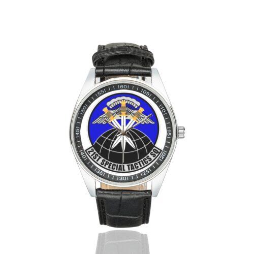 Men's casual watch with a round dial featuring the 21st STS Special Tactics Squadron emblem, silver-tone case and black leather strap.