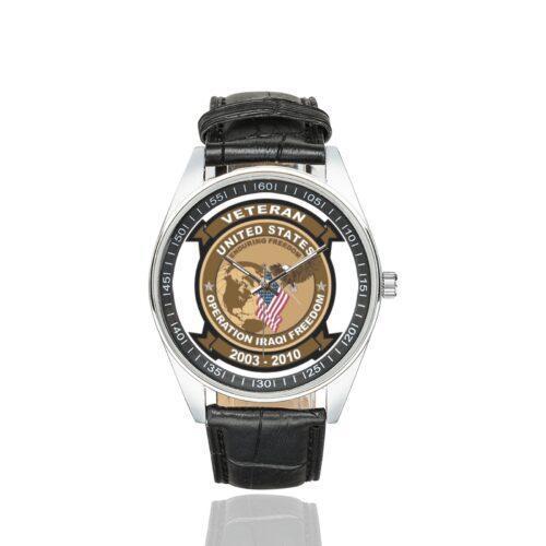 Men's casual watch with a round dial featuring the Operation Enduring Freedom veteran emblem, silver-tone case and black leather strap.