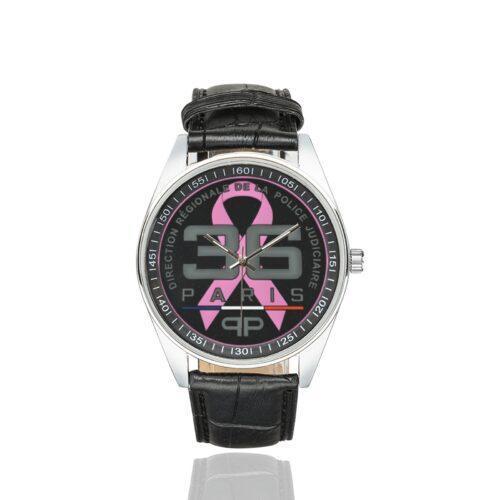 Men's casual watch with a round dial featuring the DRPJ 36 ribbon emblem, silver-tone case and black leather strap.