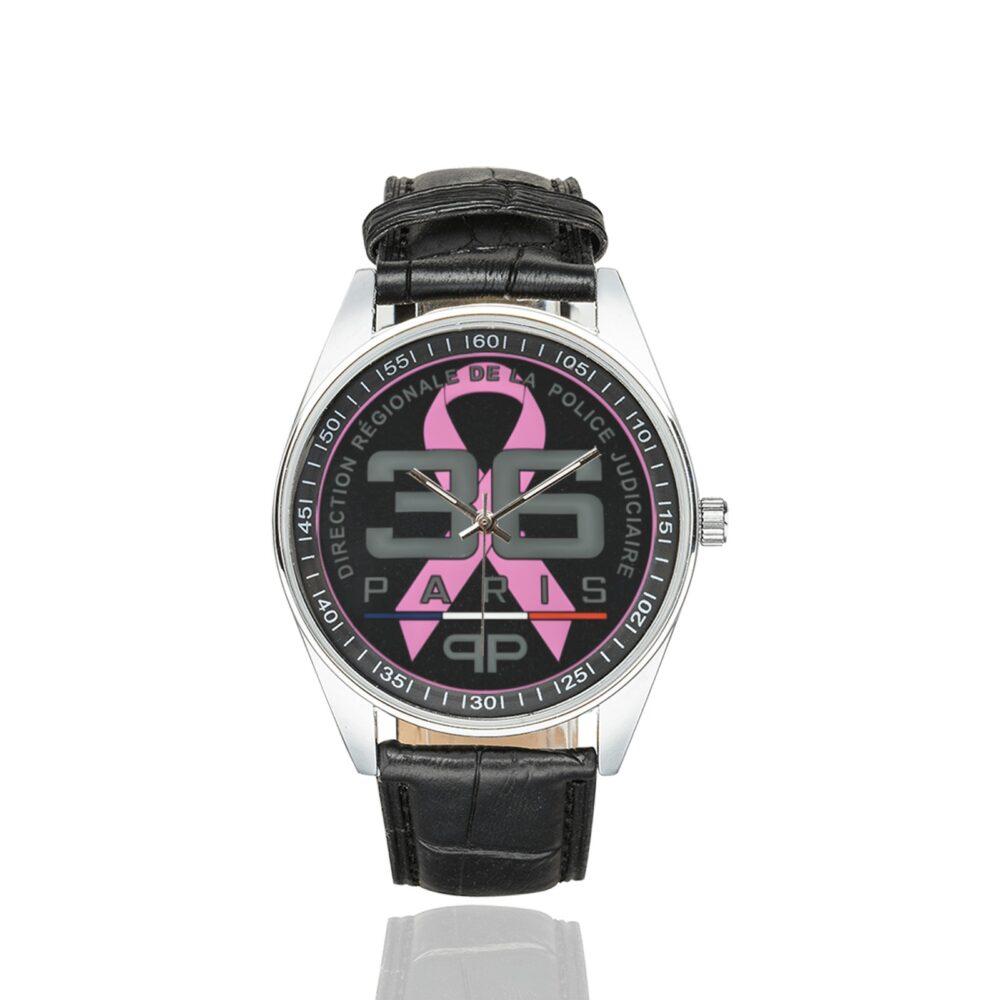 Men's casual watch with a round dial featuring the DRPJ 36 ribbon emblem, silver-tone case and black leather strap.