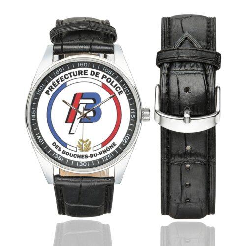 Men's casual watch with a round dial featuring the préfecture de police des bouches du Rhône emblem, silver-tone case and black leather strap, shown with the strap to the side.