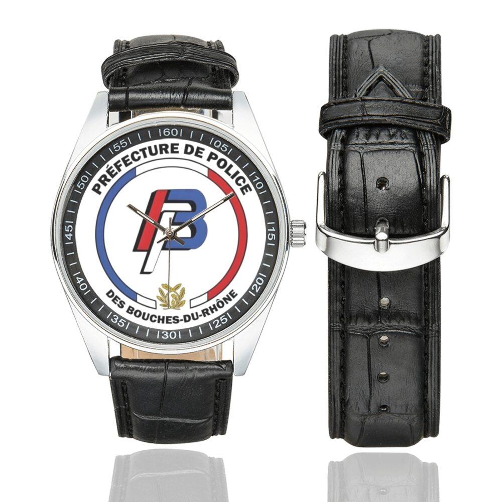 Men's casual watch with a round dial featuring the préfecture de police des bouches du Rhône emblem, silver-tone case and black leather strap, shown with the strap to the side.