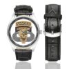 Men's casual watch with a round dial featuring the US Army Airborne Ranger emblem, silver-tone case and black leather strap, shown with the strap to the side.