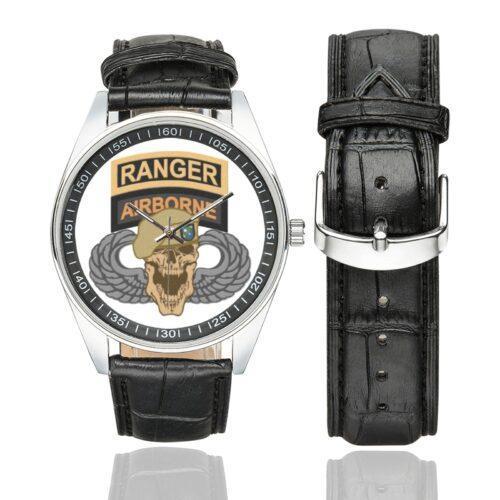Men's casual watch with a round dial featuring the US Army Airborne Ranger emblem, silver-tone case and black leather strap, shown with the strap to the side.