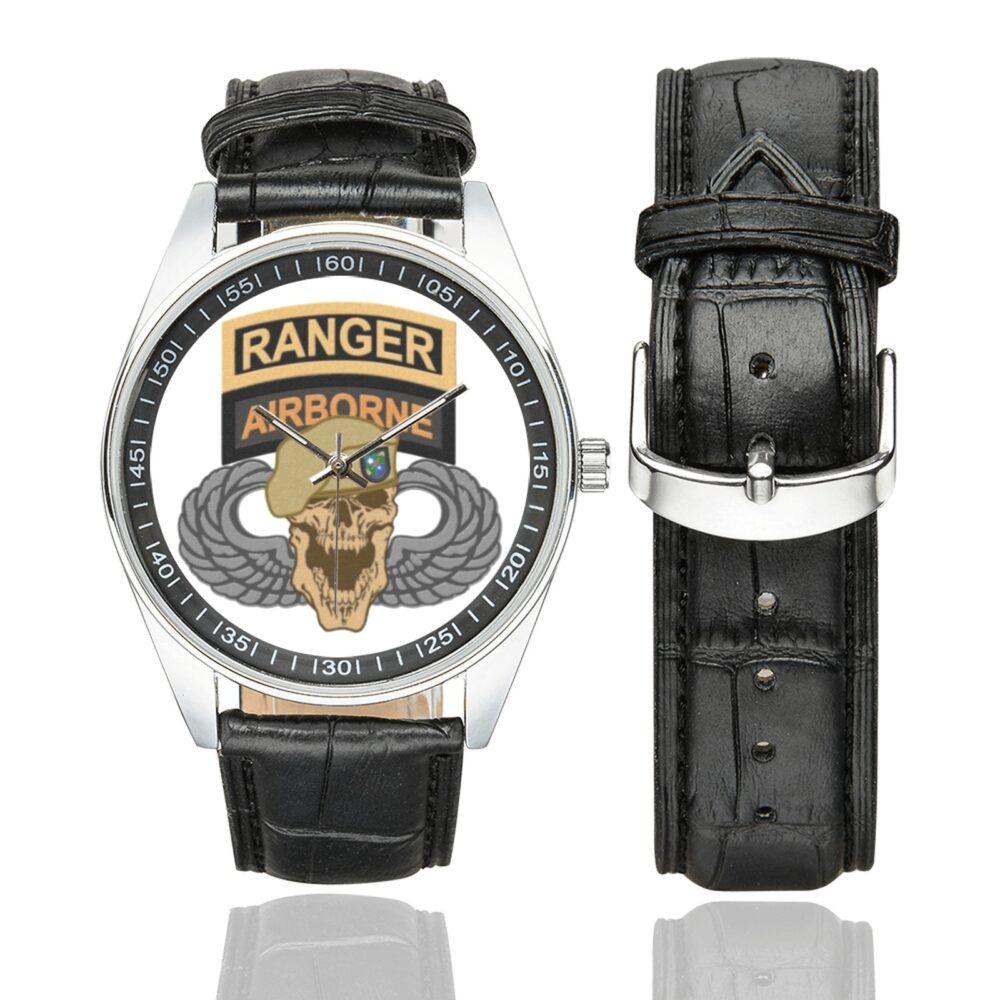 Men's casual watch with a round dial featuring the US Army Airborne Ranger emblem, silver-tone case and black leather strap, shown with the strap to the side.