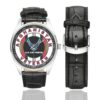 Men's casual watch with a round dial featuring the USAF Afghanistan OEF Veteran emblem, silver-tone case and black leather strap, shown with the strap to the side.