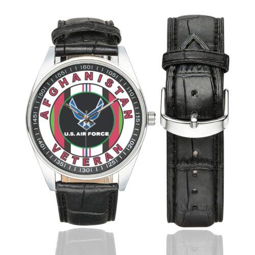 Men's casual watch with a round dial featuring the USAF Afghanistan OEF Veteran emblem, silver-tone case and black leather strap, shown with the strap to the side.