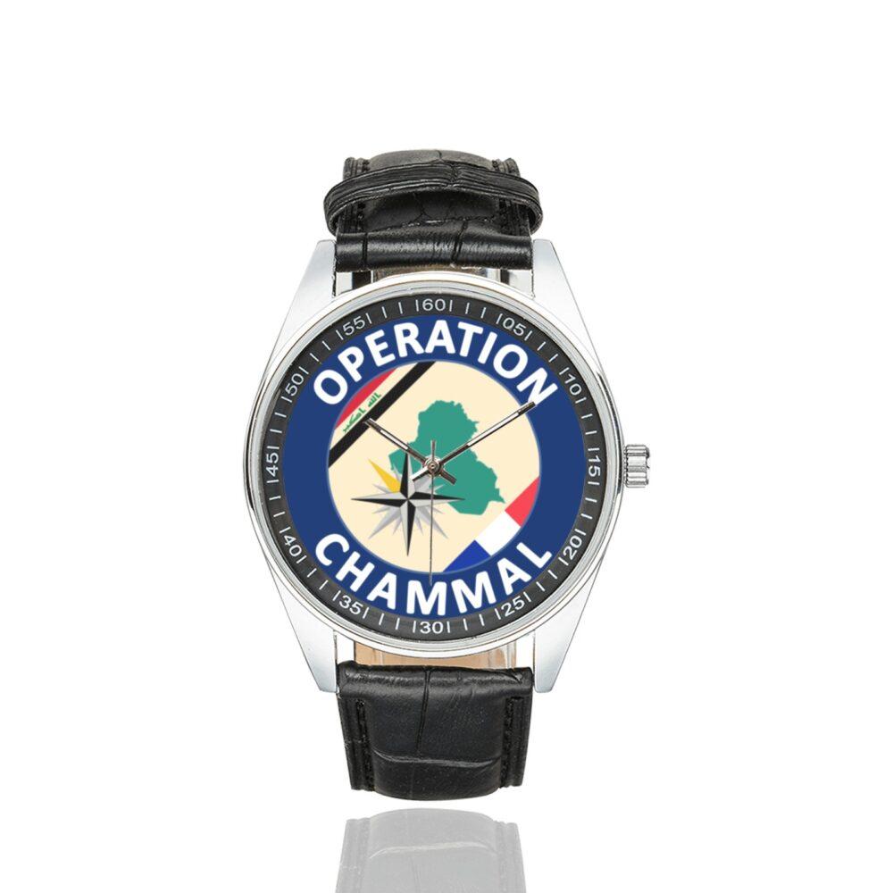 Men's casual watch with a round dial featuring the Opération Chammal avant novembre 2016 emblem, silver-tone case and black leather strap.