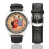 Men's casual watch with a round dial featuring the US Army 82nd Airborne Division OEF Veteran emblem, silver-tone case and black leather strap, shown with the strap to the side.