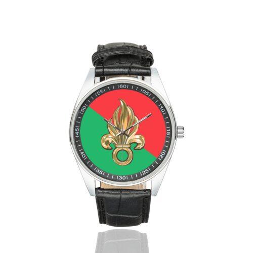 Men's casual watch with a round dial featuring the french foreign legion emblem, silver-tone case and black leather strap.