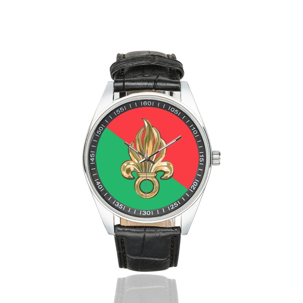 Men's casual watch with a round dial featuring the french foreign legion emblem, silver-tone case and black leather strap.