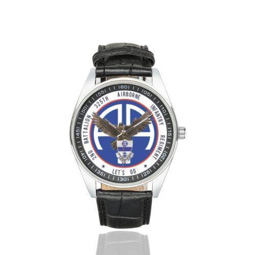 Men's casual watch with a round dial featuring the US Army 2nd BN 325th Airborne Infantry emblem, silver-tone case and black leather strap.