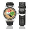 Men's casual watch with a round dial featuring the US Army 3rd Cavalry Regiment OIF Veteran emblem, silver-tone case and black leather strap, shown with the strap to the side.
