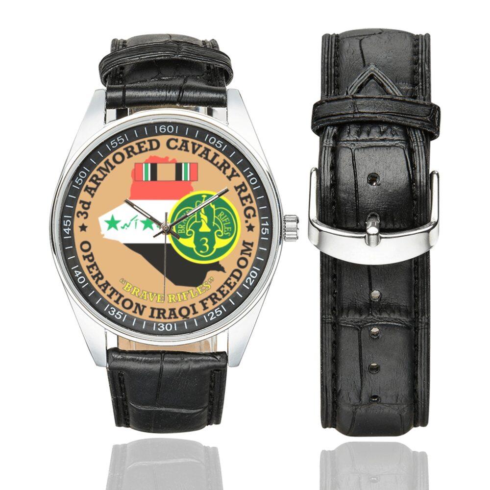 Men's casual watch with a round dial featuring the US Army 3rd Cavalry Regiment OIF Veteran emblem, silver-tone case and black leather strap, shown with the strap to the side.