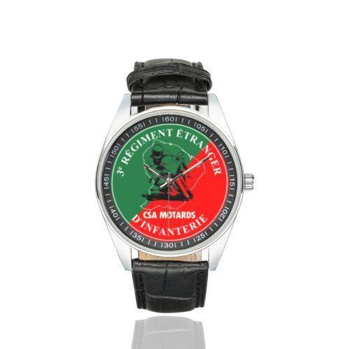 Men's casual watch with a round dial featuring the 2 REI CSA Kourou emblem, silver-tone case and black leather strap.