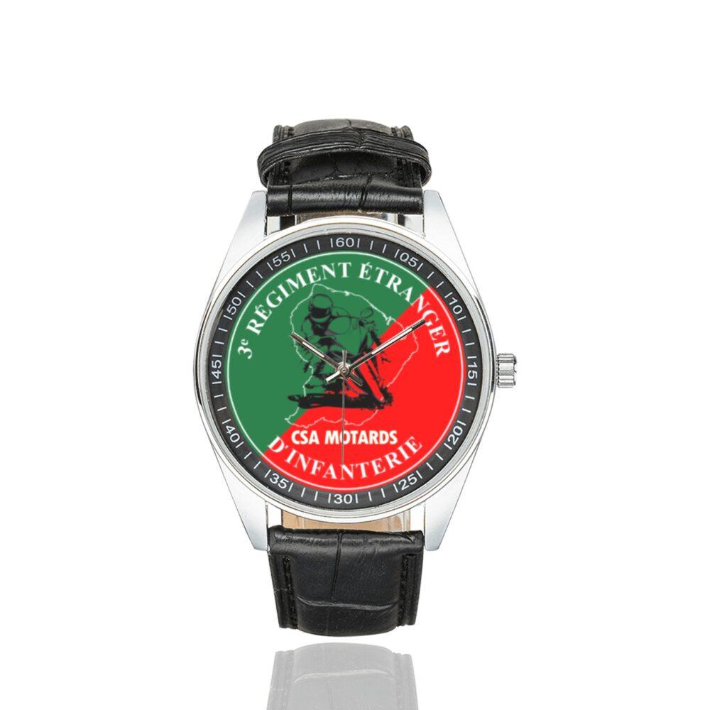 Men's casual watch with a round dial featuring the 2 REI CSA Kourou emblem, silver-tone case and black leather strap.