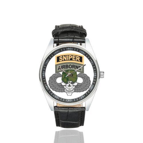 Men's casual watch with a round dial featuring the US Army Airborne Sniper emblem, silver-tone case and black leather strap.