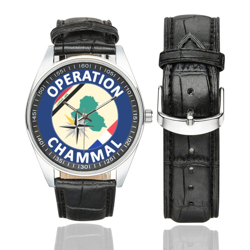 Men's casual watch with a round dial featuring the Opération Chammal avant novembre 2016 emblem, silver-tone case and black leather strap, shown with the strap to the side.