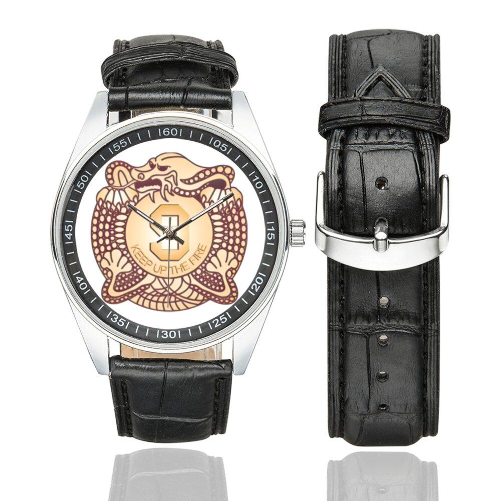Men's casual watch with a round dial featuring the US Army 9th Infantry Regiment DUI emblem, silver-tone case and black leather strap, shown with the strap to the side.