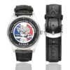 Men's casual watch with a round dial featuring the Police Régionale des Transport emblem, silver-tone case and black leather strap, shown with the strap to the side.