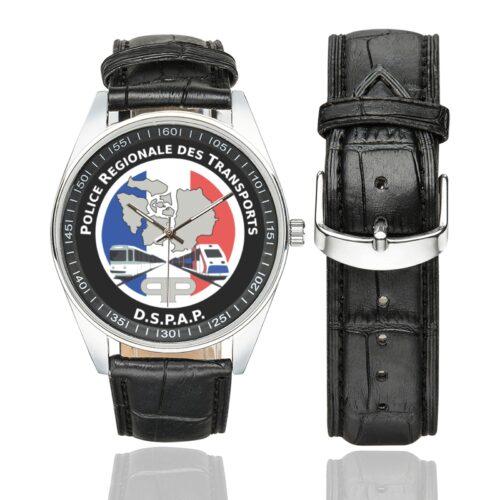 Men's casual watch with a round dial featuring the Police Régionale des Transport emblem, silver-tone case and black leather strap, shown with the strap to the side.