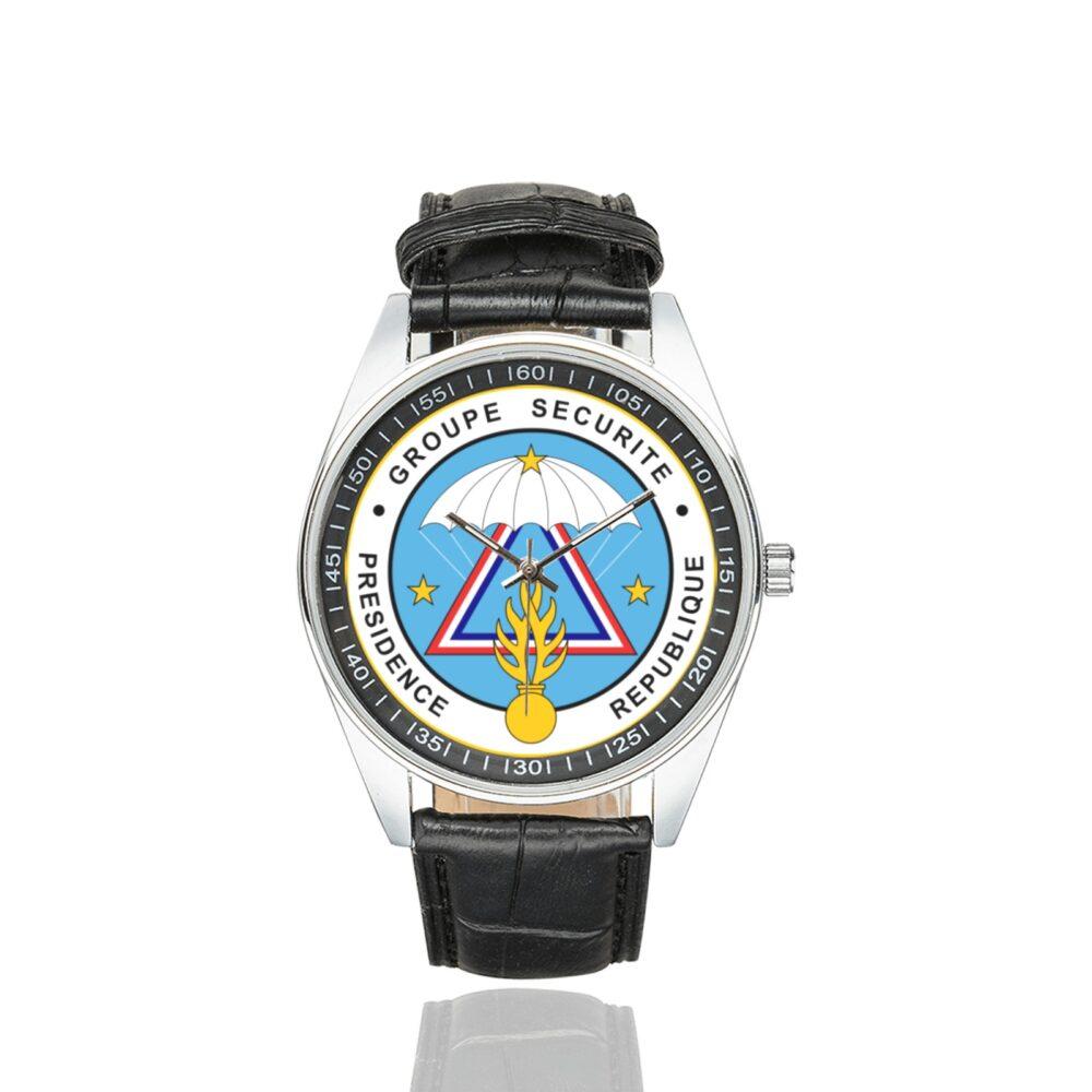 Men's casual watch with a round dial featuring the Groupe de sécurité de la présidence de la République (GSPR) emblem, silver-tone case and black leather strap.