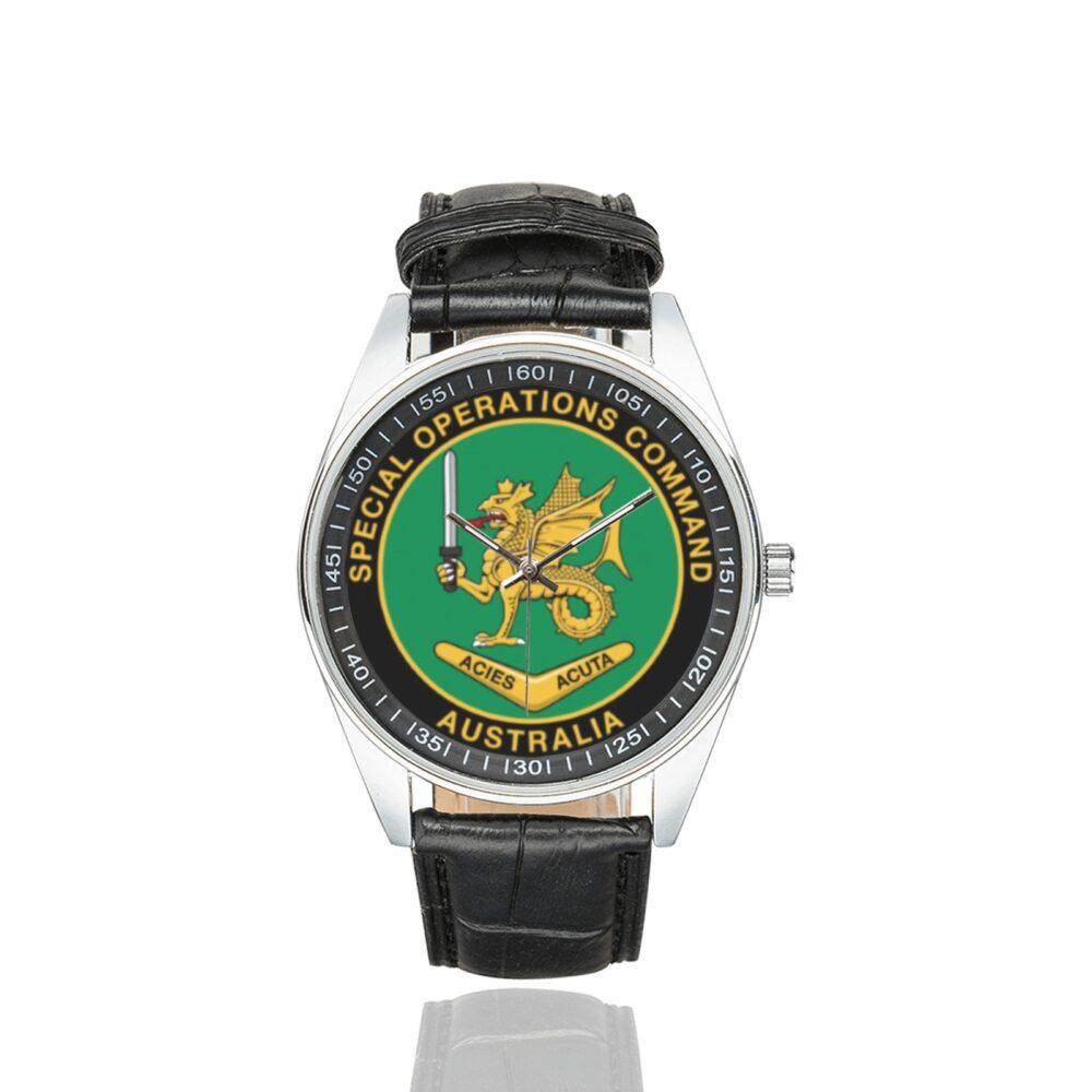 Men's casual watch with a round dial featuring the Australian Special Operations Command emblem, silver-tone case and black leather strap.