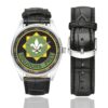 Men's casual watch with a round dial featuring the US Army 2nd Armored Cavalry Regiment emblem, silver-tone case and black leather strap, shown with the strap to the side.