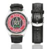 Men's casual watch with a round dial featuring the 2nd Separate Rifle Battalion emblem, silver-tone case and black leather strap, shown with the strap to the side.
