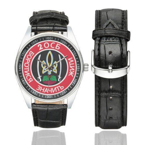 Men's casual watch with a round dial featuring the 2nd Separate Rifle Battalion emblem, silver-tone case and black leather strap, shown with the strap to the side.