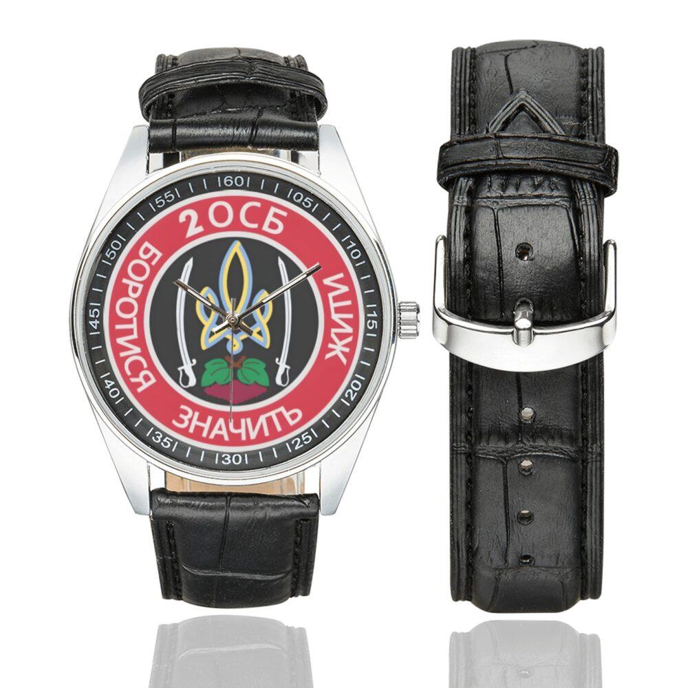 Men's casual watch with a round dial featuring the 2nd Separate Rifle Battalion emblem, silver-tone case and black leather strap, shown with the strap to the side.