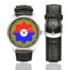 Men's casual watch with a round dial featuring the 9th Infantry Division emblem, silver-tone case and black leather strap, shown with the strap to the side.