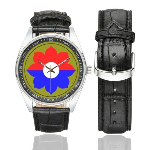 Men's casual watch with a round dial featuring the 9th Infantry Division emblem, silver-tone case and black leather strap, shown with the strap to the side.