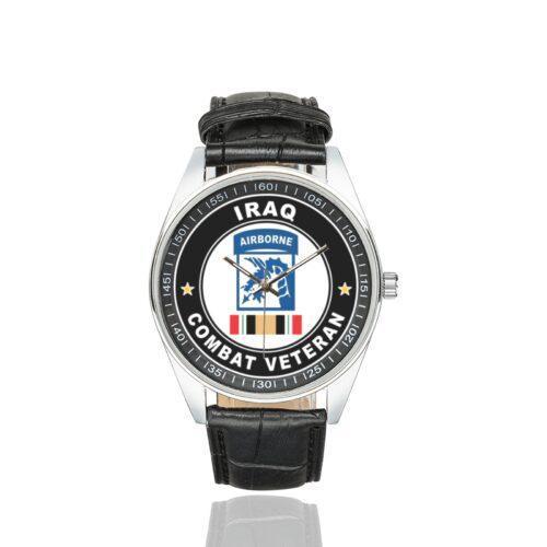 Men's casual watch with a round dial featuring the US Army 18th Airborne Corps Combat Veteran emblem, silver-tone case and black leather strap.