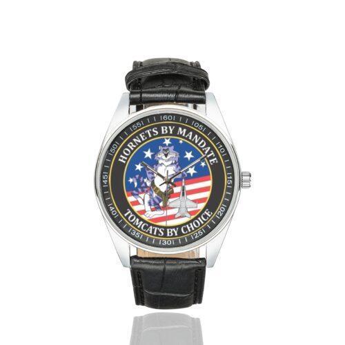 Men's casual watch with a round dial featuring the F-14 Hornets by Mandate Tomcats by Choice emblem, silver-tone case and black leather strap.