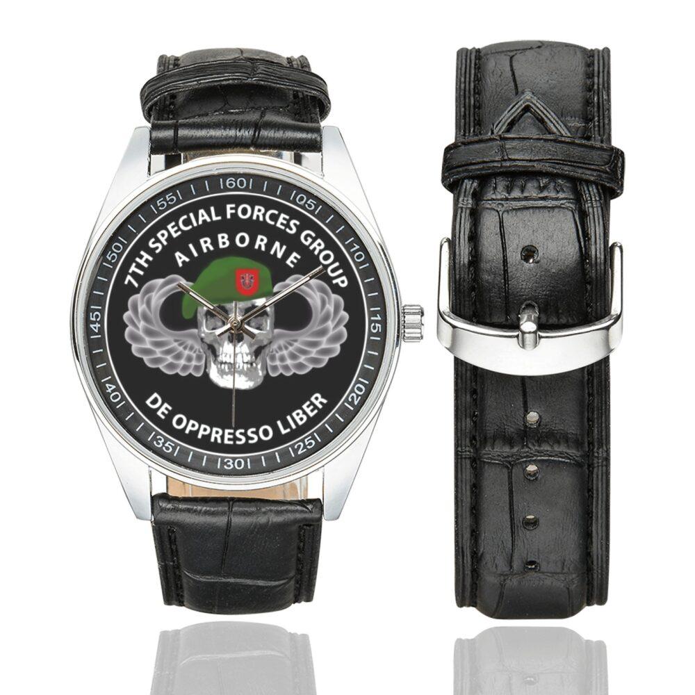 Men's casual watch with a round dial featuring the 7th-special-forces emblem, silver-tone case and black leather strap, shown with the strap to the side.