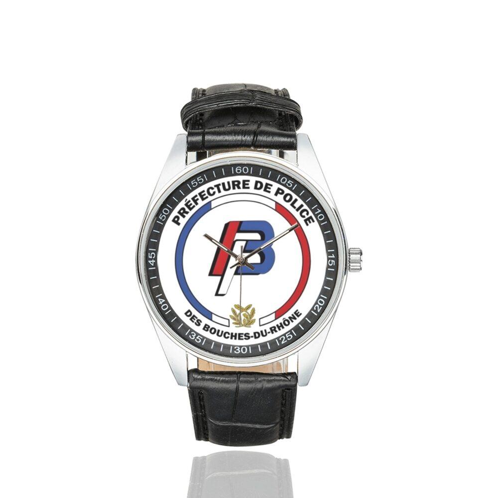 Men's casual watch with a round dial featuring the préfecture de police des bouches du Rhône emblem, silver-tone case and black leather strap.