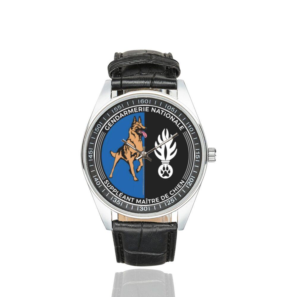 Men's casual watch with a round dial featuring the Gendarmerie suppléant maitre chien emblem, silver-tone case and black leather strap.