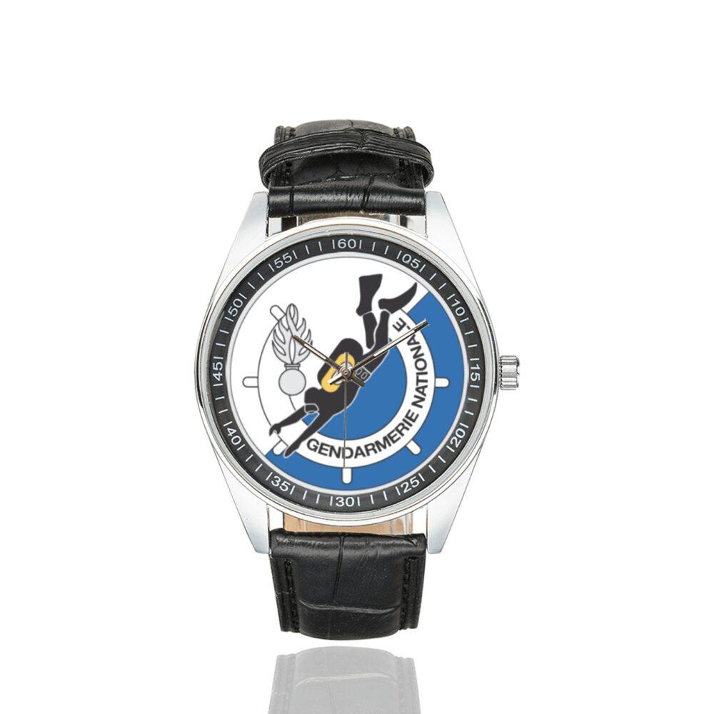 Men's casual watch with a round dial featuring the Plongeurs Gendarmerie emblem, silver-tone case and black leather strap.