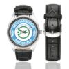 Men's casual watch with a round dial featuring the Ecusson Anti-Nuisances emblem, silver-tone case and black leather strap, shown with the strap to the side.