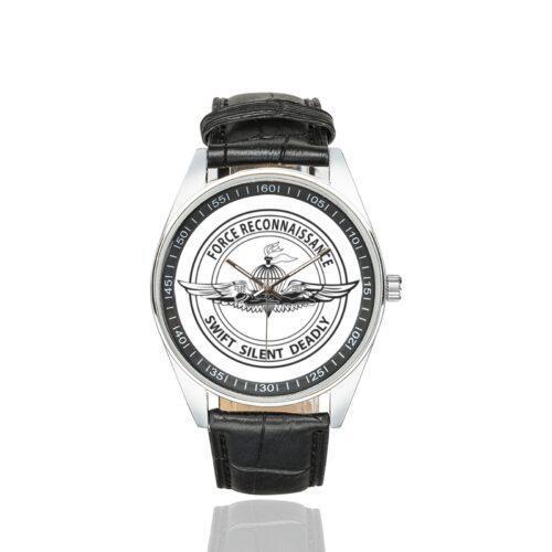 Men's casual watch with a round dial featuring the Force Recon emblem, silver-tone case and black leather strap.