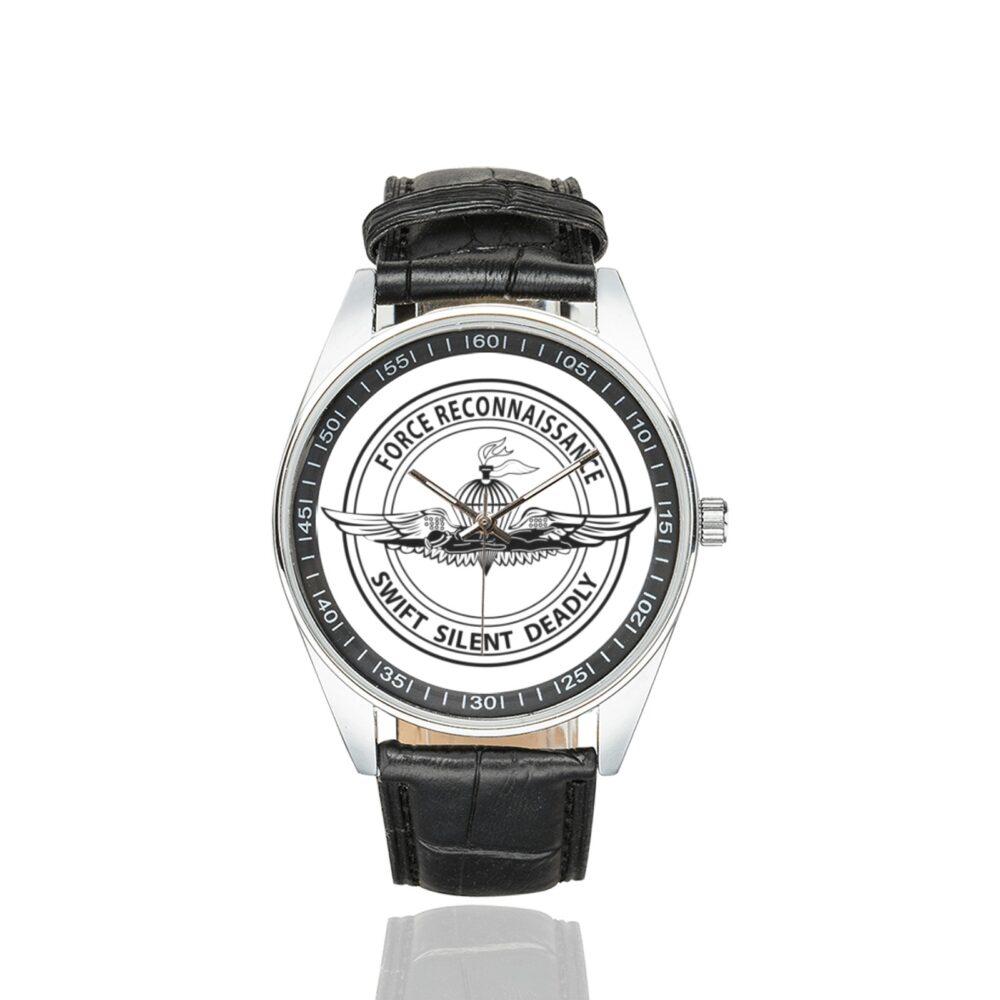 Men's casual watch with a round dial featuring the Force Recon emblem, silver-tone case and black leather strap.