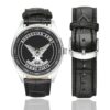 Men's casual watch with a round dial featuring the Selous Scouts Rhodesian Special Forces emblem, silver-tone case and black leather strap, shown with the strap to the side.