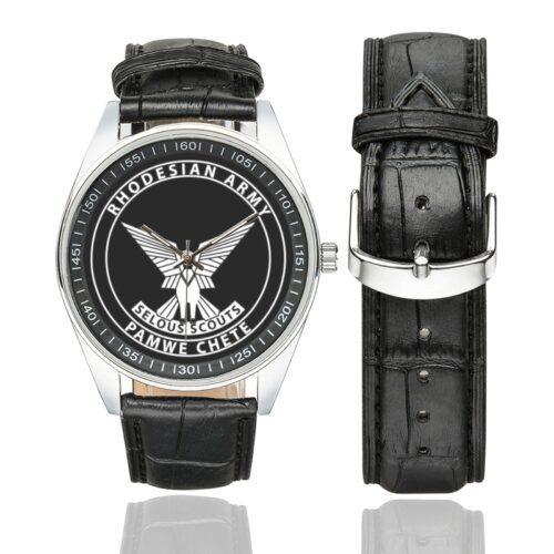Men's casual watch with a round dial featuring the Selous Scouts Rhodesian Special Forces emblem, silver-tone case and black leather strap, shown with the strap to the side.