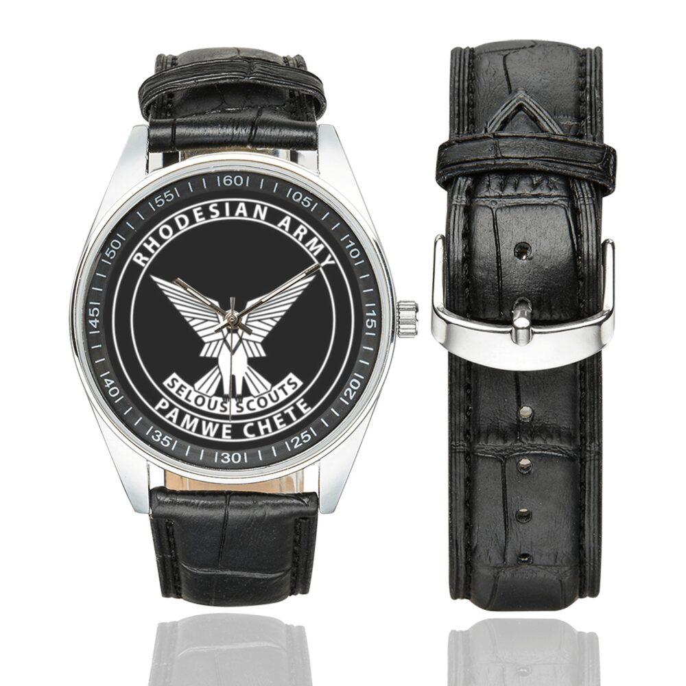 Men's casual watch with a round dial featuring the Selous Scouts Rhodesian Special Forces emblem, silver-tone case and black leather strap, shown with the strap to the side.