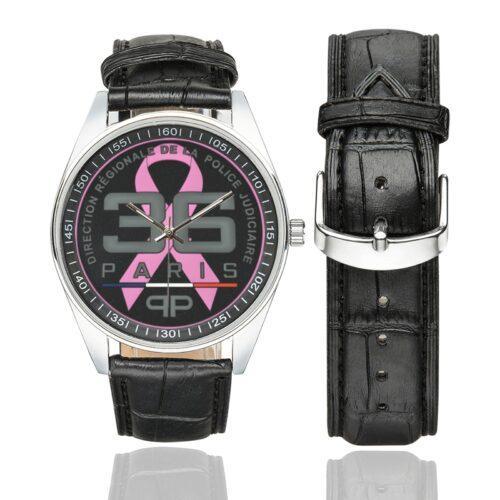 Men's casual watch with a round dial featuring the DRPJ 36 ribbon emblem, silver-tone case and black leather strap, shown with the strap to the side.